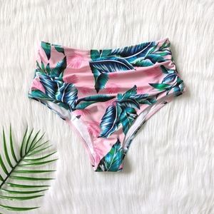 Pink tropical leaf print high waist bikini bottom size S M L
